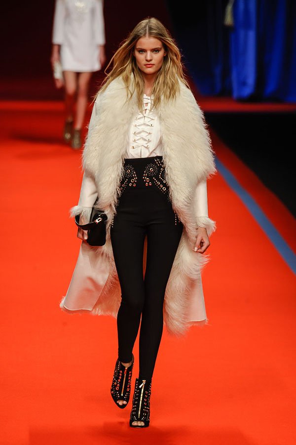 Milan, IT -  - A model walks the runway at the Elisabetta Franchi  Fall/Winter 2016 fashion show during Milan Fashion Week.